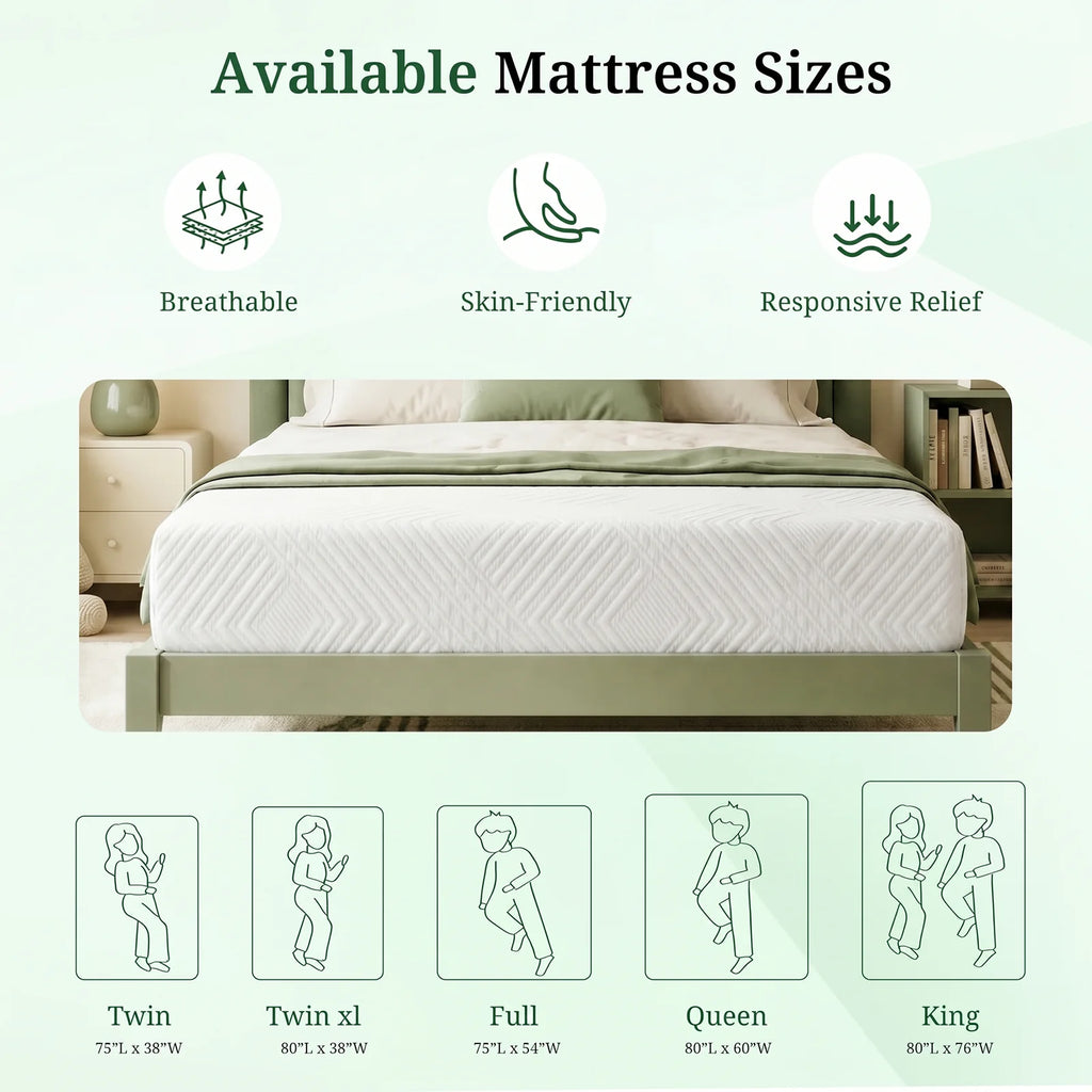 8 inch Twin Mattress, Green Tea Gel Memory Foam Mattress in a box, Medium Hardness Feeling, CertiPUR-US Certified, White