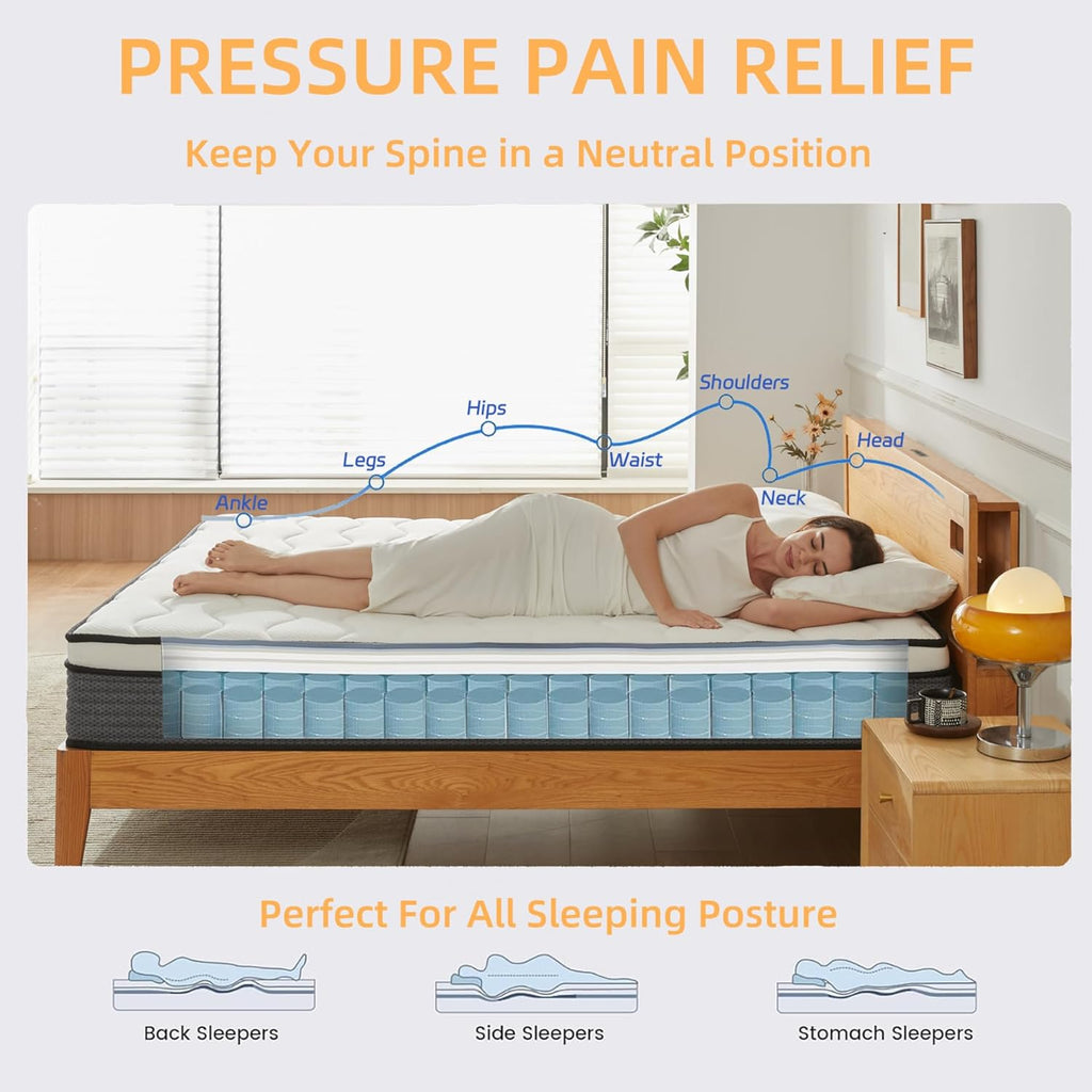 12 Inch King Pocket Spring Mattress, Medium Firm Hybrid Mattress with Multi-Layer Foam, Pressure Relief & Soothing Comfort
