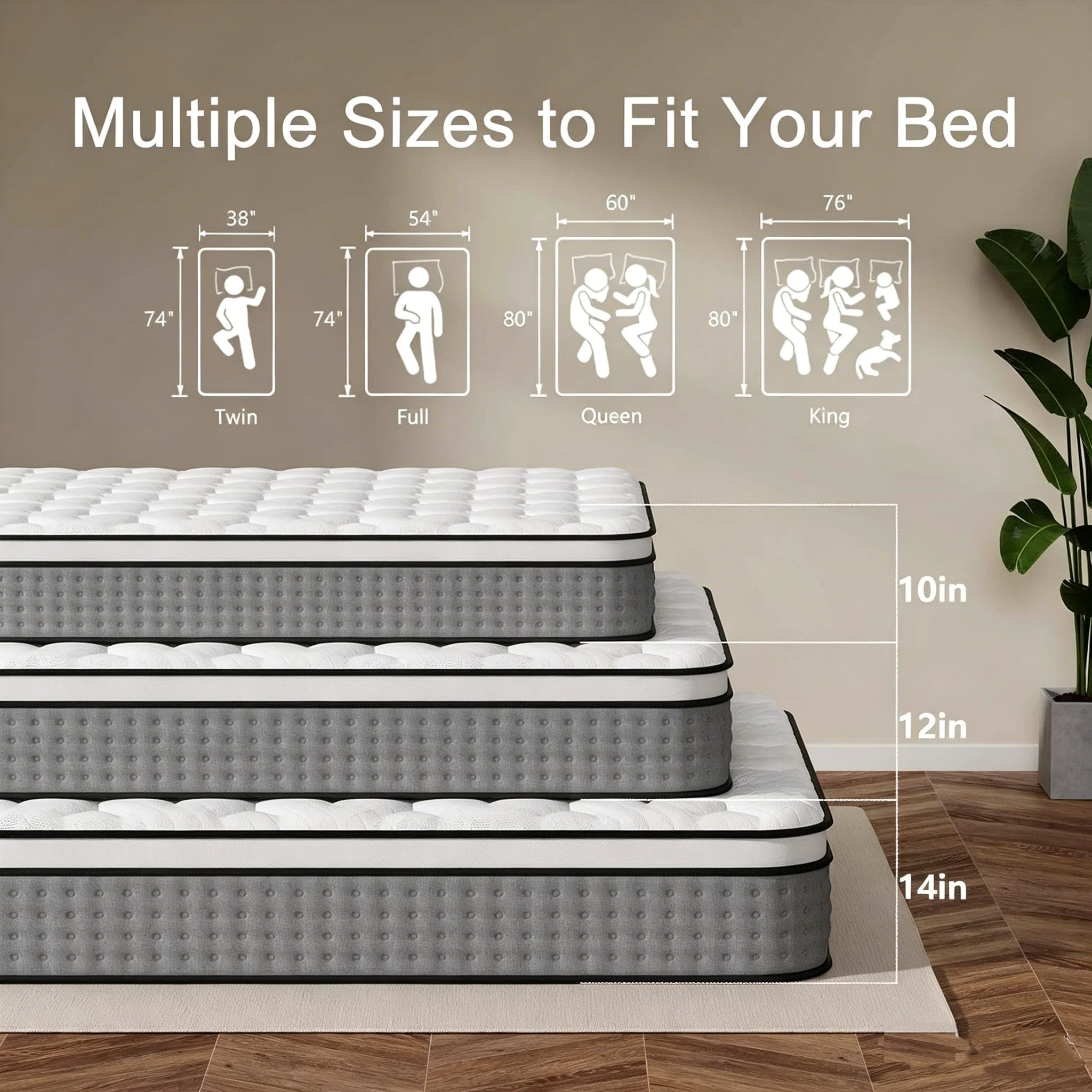 12 Inch King Pocket Spring Mattress, Medium Firm Hybrid Mattress with Multi-Layer Foam, Pressure Relief & Soothing Comfort