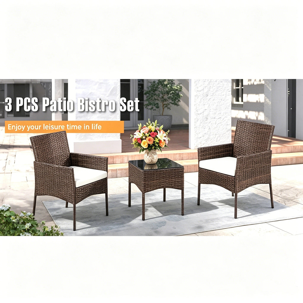 Dozzle 3-Piece Patio Bistro Set with Cushions, All-Weather Woven Rope Chairs and Coffee Table for Balcony, Garden,Brown