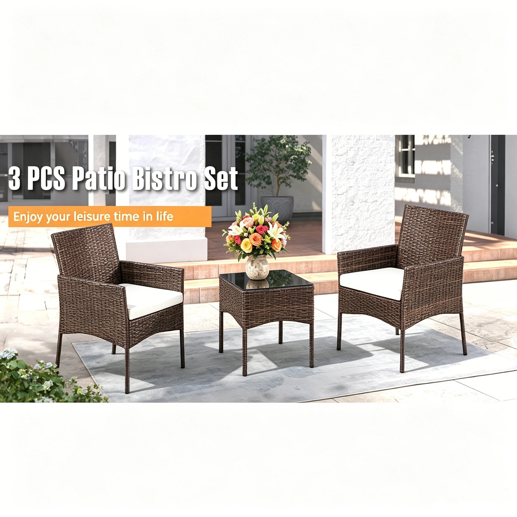 Dozzle 3-Piece Patio Bistro Set with Cushions, All-Weather Woven Rope Chairs and Coffee Table for Balcony, Garden,Brown