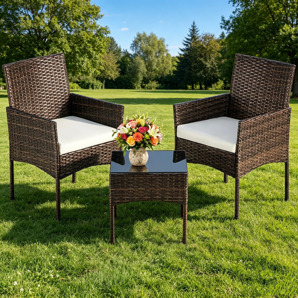 Dozzle 3-Piece Patio Bistro Set with Cushions, All-Weather Woven Rope Chairs and Coffee Table for Balcony, Garden,Brown
