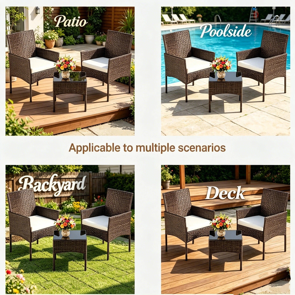 Dozzle 3-Piece Patio Bistro Set with Cushions, All-Weather Woven Rope Chairs and Coffee Table for Balcony, Garden,Brown