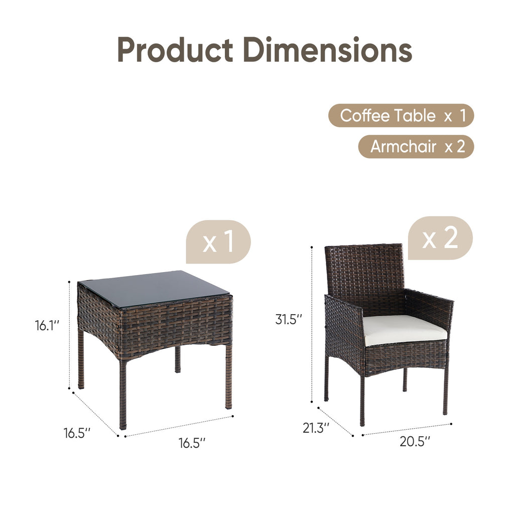 Dozzle 3-Piece Patio Bistro Set with Cushions, All-Weather Woven Rope Chairs and Coffee Table for Balcony, Garden,Brown