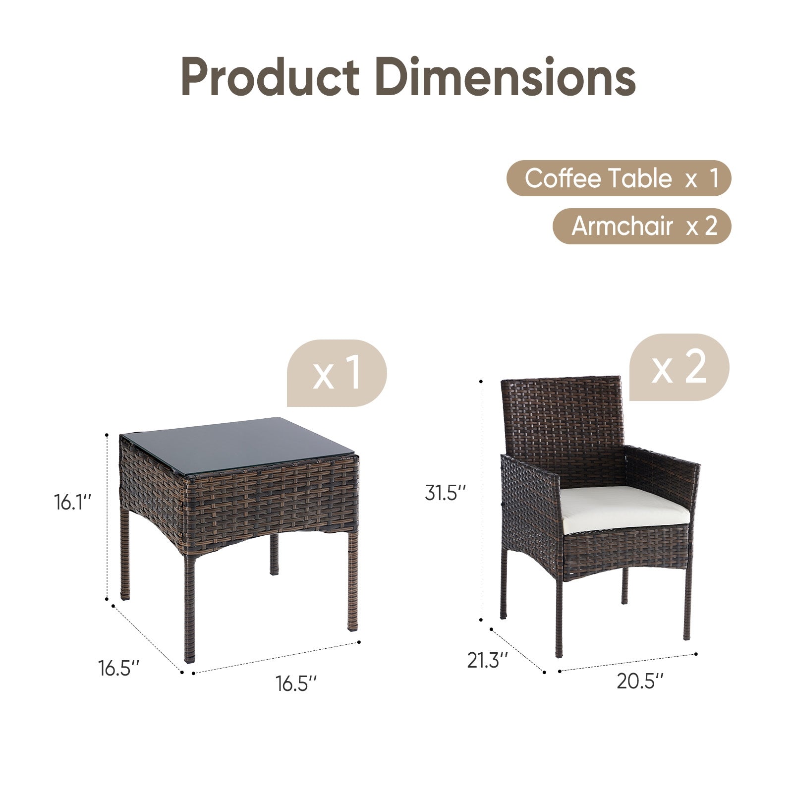 Dozzle 3-Piece Patio Bistro Set with Cushions, All-Weather Woven Rope Chairs and Coffee Table for Balcony, Garden,Brown